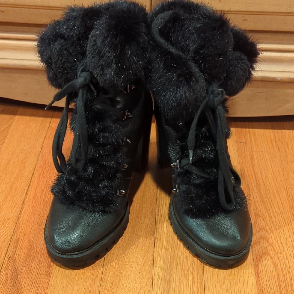 Guess Black Lace-Up Fur Boots